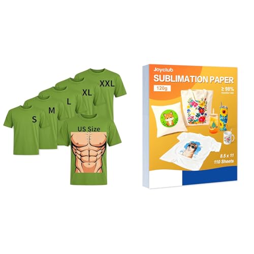 Joyclub Bundle of 5 PCS Unisex Sublimation Blanks Bulk Polyester T Shirts and Sublimation Paper 8.5x11 Inch 110 Sheets