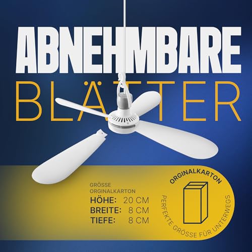 Bestlivings Mobiler Deckenventilator mit Stecker und Schalter, 220V-240V / 5 Watt, Ø40 cm Portabler Decken - Ventilator mit Aufhänger, Energiesparend (Weiß)