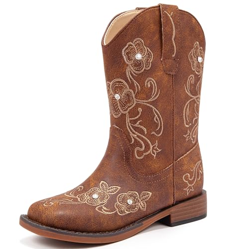 Girls Cowboy Boots Classic Western Floral Embroidery Sparkly Rhinestone Little Big Kids Cowgirl Boots Side Zipper Mid Calf Square Toe Toddler Girls Boot Riding Concert Party Wedding Halloween