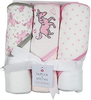 Buttons and Stitches 3 Piece Infant Hooded Towel, Unicorn Prints
