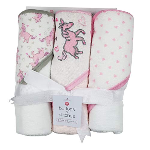 Buttons and Stitches 3 Piece Infant Hooded Towel, Unicorn Prints