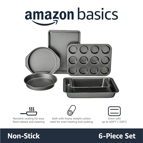 Amazon Basics 6 Piece Nonstick Carbon Steel Bakeware Set with Cake, Muffin, Cookie, and Loaf Pans, Easy Release, Oven Safe, 16.25 x 11.75 x 6.25 inches view 2