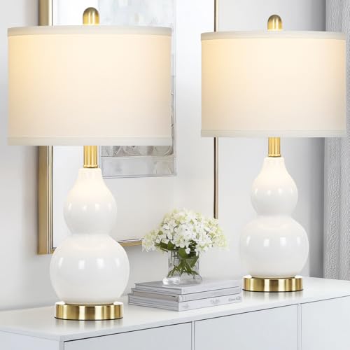 luxeflow 22" Modern Double Gourd Ceramic Table Lamps Set of 2, White Bedside Lamps for Living Room, Contemporary Nightstand Desk Lamps for Bedroom End Table Home Office Decor(2 LED Bulbs Included)