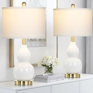 22″ Modern Double Gourd Ceramic Table Lamps Set of 2, White Bedside Lamps for Living Room, Contemporary Nightstand Desk Lamps for Bedroom End Table Home Office Decor(2 LED Bulbs Included)