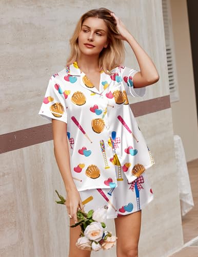 Image of Ekouaer Silk Satin Pajamas 2 Piece Pajamas for Women Set Button Down PJ Short Sleeve and Shorts Pjs Lounge Sets