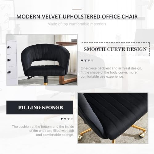 Image of Eifizek Velvet Home Office Desk Chair with Wheels, Modern Adjustable Rolling Chair with Back, Swivel Vanity Chair for Bedroom, Office, Vanity Study (Black)