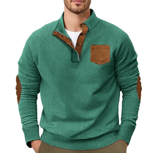 Hawyet Mens Corduroy Pullovers Retrp Style Stand Collar Elbow Patched Long Sleeve Winter Fall V Neck Sweaters