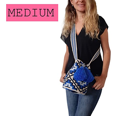 MEDIUM - - COLORFUL Wayuu Mochila Bag For Women original bolsa tejida colombiana authentic crochet pattern Gift from Colombia (Blue Ethnic - Medium)3