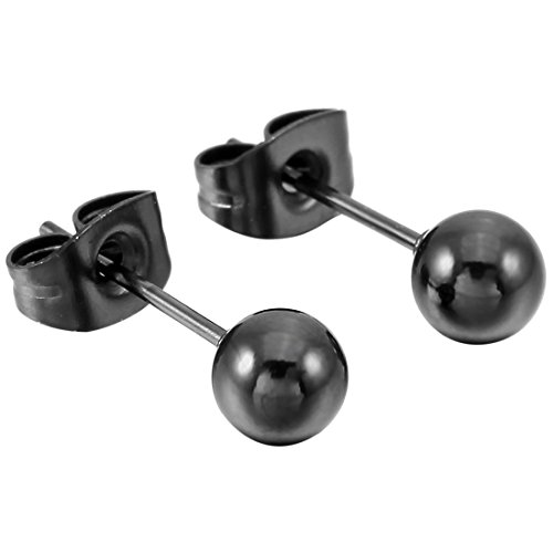 Sxmrmnx Orecchini a perno in acciaio con perle nere a sfera, 5 mm, Acciaio inossidabile