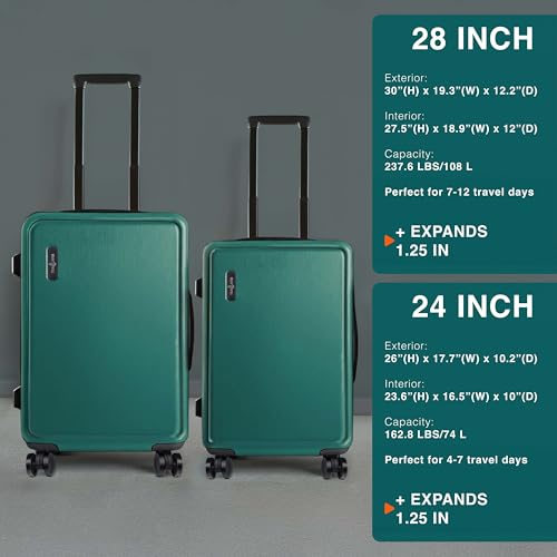 Image of Luggage Sets 2 Piece, 24 Inch Suitcase and 28 Inch Luggage with Spinner Wheels, Durable Hard Shell Suitcase Set, Expandable Travel Suitcases with Wheels, Green