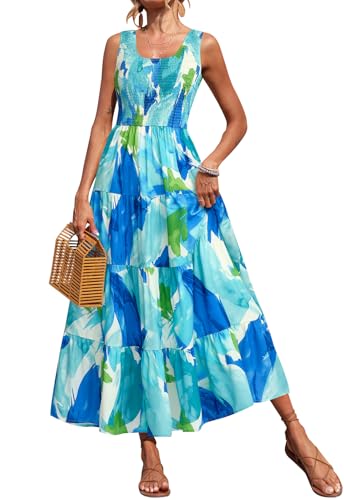 Image of PRETTYGARDEN Smocked Tank Floral Maxi Dresses for Women 2026 Wedding Guest Dress Sleeveless Flowy Long Sundress with Pockets