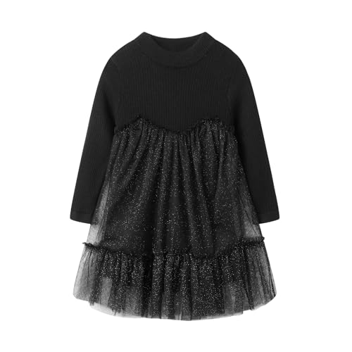 Robe en tricot côtelé fille avec tulle confortable et manches longues chaudes
