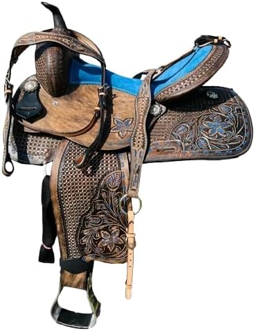 Leather Barrel Racing Western Horse Saddle Handmade Premium Custom Cowboy Cowgirl Pleasure Comfort Trail Tack Equestrian Tooled Carved Pony-Adult Saddle for Riding Size: 10-18 inch Seat, MO-13