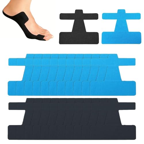 50 Piezas Cinta Kinesiológica para Hallux Valgus, Vendajes Precortados para Hallux Valgus, Protección para Dedos y Pies para Hombres y Mujeres, Transpirables y Suaves (Negro y Azul)