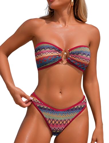 ZAFUL Women's Colorblock Stripes Bikini Sets Cheeky Boho Geo Print Color O Ring Bandeau Bathing Suit for Beach Holiday (Boho Wine Red M) — view 2