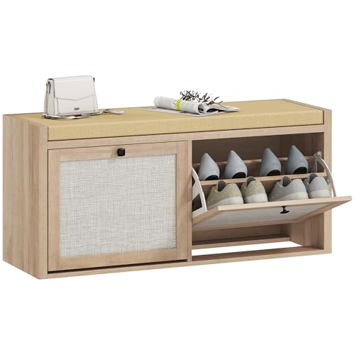 Image of HOMCOM Shoe Bench with 2 Rattan Doors, Shoe Storage Bench with Padded Cushion Seat for Hallway, Living Room, Bedroom, Oak Wood Effect