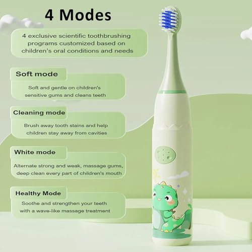 Image of Obvie Sonic Electric Kids Toothbrush with 4 Brushing Modes, 19000 Strokes per minute, IPX7 Waterproof, Soft Nylon Bristles, Rechargeable Battery, Electric Power Tooth Brush, 3 Heads (Green)