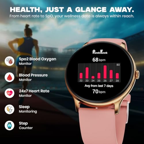 Image of PunnkFunnk Glavito Round Dial Smartwatch with 1.49 inch AMOLED Display, Bluetooth Calling, Functional Crown Control, 100+ Sports Modes, IP67, Health Tracking, 100+ Watch Faces for Men & Women (Pink)