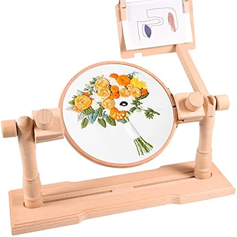 Embroidery Stand - Rotated Embroidery Hoop Stand, Beech Wood Cross Stitch Lap Stand Supplies for Needlework, Embroidery Hoop Holder for 2 People Embroider with Instruction Board Cover