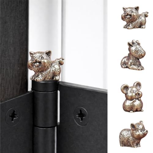 4Pcs Brass Animal Hinge Toppers Set – Mouse, Pig, Dog & Horse Magnetic Door Hinge Topper Decorative Heads for Home Decoration(GOD-001)