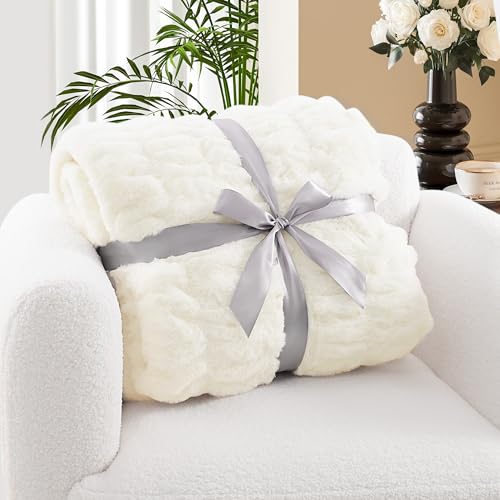 Tejoe Luxury Ruched Faux Rabbit Fur Throw Blanket - Ultra