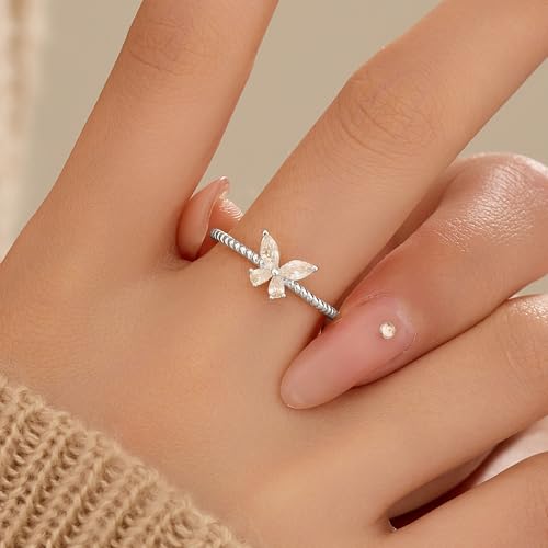 CZ Butterfly Ring for Women 925 Sterling Silver Cool Cute Simple Promise Rings 14K Gold Plated Dainty Trendy Stackable Minimalist Wedding Band Ring to Daughter Mom Christmas Wedding Ideal Gift3