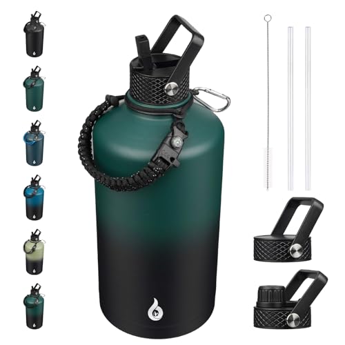 Image of BJPKPK 1 Gallon Water Bottle with Straw Lid, 128oz Large, Stainless Steel Water Bottles with 3 Lids and Paracord Strap, Double Wall Vacuum Metal Water Jug, Army Green & Black