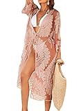 CUPSHE Damen Bikini Cover Up Beachwear Kimono Blumenstickerei Lang Strandponcho Beach Cardigan Schwarz Rosa