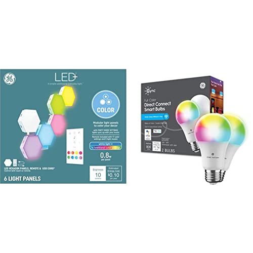 Ge Cync Smart Led Light Bulbs + Led Remote Hexagon Tiles Bundle, (2) A19 Smart Bulbs, (6) Remote Control Led Light Panels #TOP18