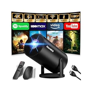 Mini Projector 4K Unterstützt 1080P Full HD Mini Beamer with WiFi 6 mit BT 5.2, Beamer Klein Eingebaute Apps mit Automatic Keystone & 270° Dreh Kompatibel mit HDMI/TV Stick/Laptop, Schwarz