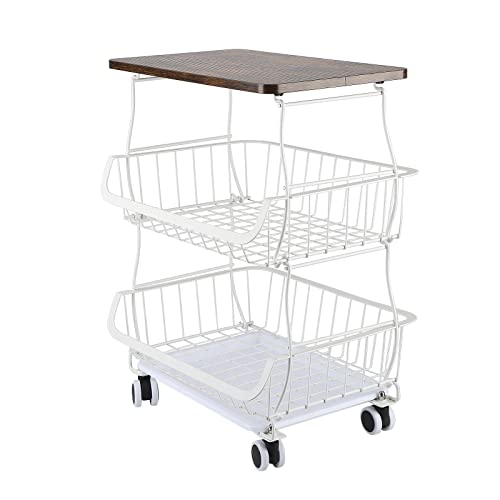 SEEZSSA Küchen-Aufbewahrungswagen, 3-stöckiges Gemüseregal mit abnehmbarem Obstkorb, Metall-Obst-Gemüse-Ständer auf Rädern, Getränkewagen, Kartoffeln Organizer für Badezimmer, Speisekammer, Weiß Cover