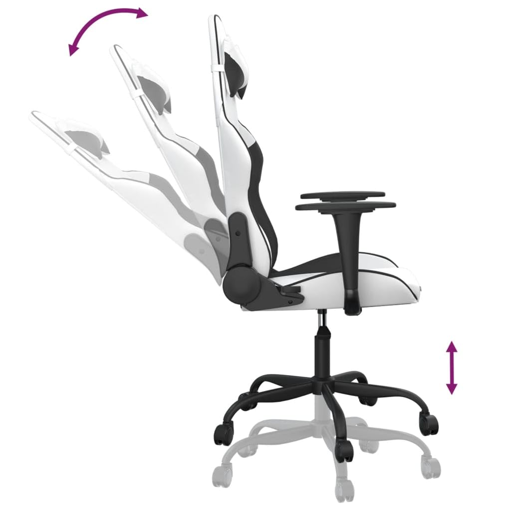 Krzesło gamingowe z funkcją masażu, biało-czarne, ze sztucznej skóry, z regulacją wysokości, obrotowe o 360 stopni, kółka, ergonomiczne, podparcie lędźwiowe, do komputera, konsoli, domu