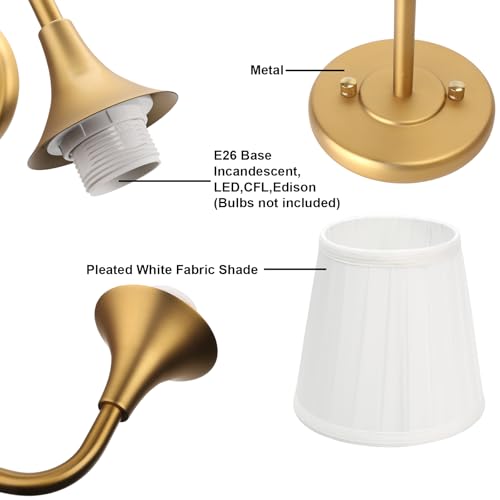 Image of Yosoan 2-Light Brass White Pleated Fabric Shade Wall Sconce, White Pleated Cup Funnel Shade, Vanity Vintage Industrial Hardwired Indoor Boho Gold Wall Mounted for Kitchen Fireplace Staircase(Antique)
