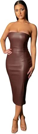 Women Sexy Strapless Tube Top Club Midi Dress Off Shoulder Bodycon Faux Leather