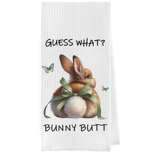 Geqtt Paños de cocina de conejo de Pascua, divertidos regalos de Pascua, paños de cocina decorativos de tejido gofre, paños de cocina de mano de conejo coqueta verde, regalos de Pascua (16 x 24