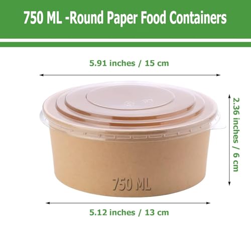 Image of 750 ML Round Brown Paper Food Container with Lids, Disposable Take Out Storage Box for Hot /Cold Foods, Party Supplies for Soup, Salad, Dessert, Pasta, Noodles (20 pcs)