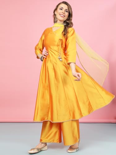 Image of A.T.U.N. (ALL THINGS UBER NICE) Cotton Women Anarkali Paneled Kurta With Palazzos & Dupatta