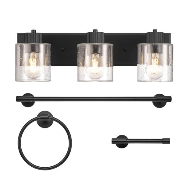 Image of Globe Electric 4-Piece All-in-One Bathroom Set, Matte Black, 3-Light Vanity Light with Seeded Glass Shades, Towel Bar, Toilet Paper Holder, Towel Ring