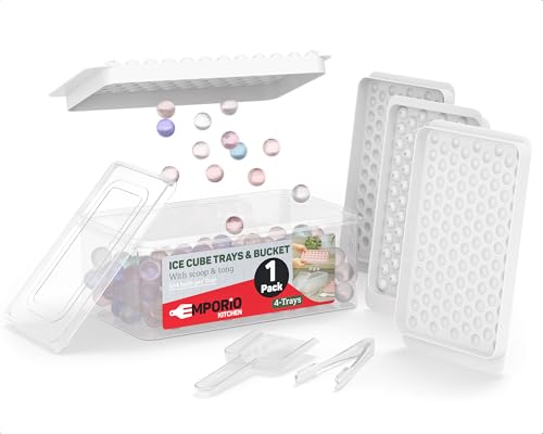 Emporio Kitchen Round Ice Cube Tray Set Pack of 1, BPA-Free Stackable Trays with Lid & Tongs, 104 Ice Balls Per Tray for Whiskey, Drinks, and Cocktails, Quick Release Round Ice Cube Mold, White