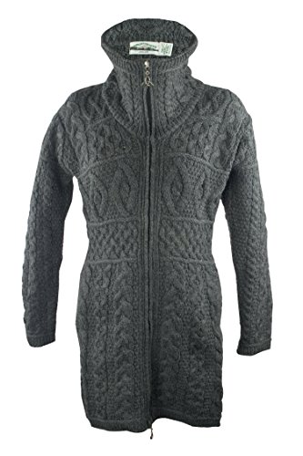 100% Irish Merino Wool Double Collar Aran Knit Coat, Charcoal, Small
