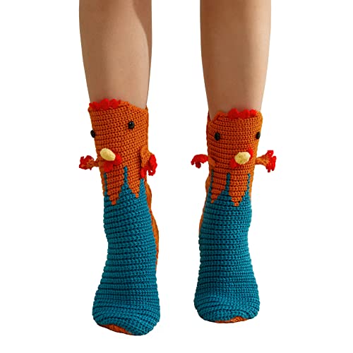 Fuguibadn Novelty Animal Socks Non-slip Knitted Socks Winter Warm Household Floor Socks for Adults Kids Christmas Socks (A-Rooster Kids, ONE SIZE)