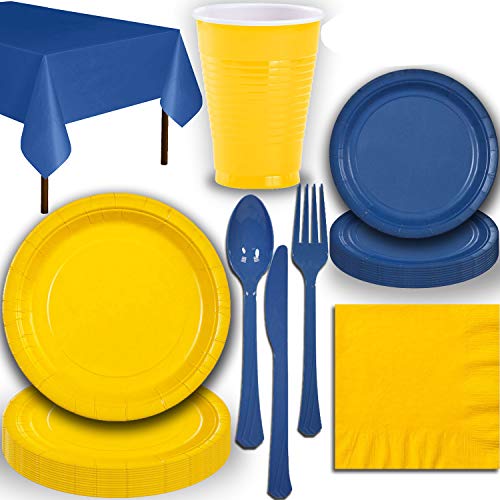 Disposable Party Supplies, Serves 40 - Yellow and Blue - Large and Small Paper Plates, 12 oz Plastic Cups, Heavyweight Cutlery, Napkins, and Tablecloths. Full Two-Tone Tableware Set