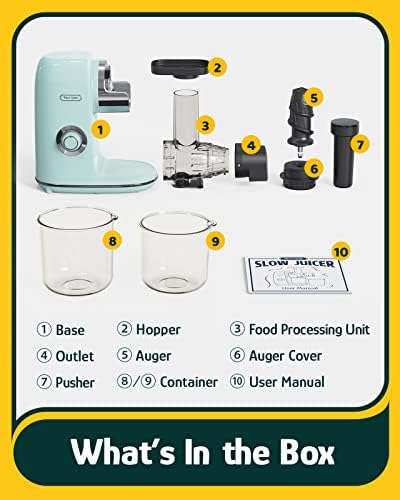 Hazel Quinn Masticating Juicer Machines, Filter-Free Easy to Clean Retro Cold Press Slow Juicer with 80 RPM, 150 Watt, Below 65dB & Reverse Function, 2-Speed Modes for Fruit and Vegetable, Mint Green