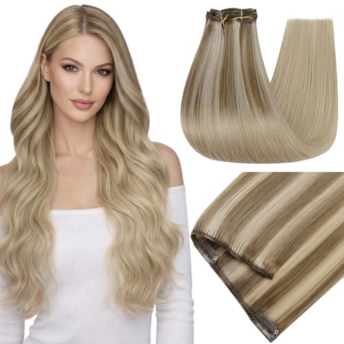 Image of Full Shine Highlight Clip in Hair Extensions Human Hair, 18 Inch 135g 7Pcs | Caramel Latte Rooted Blonde Remy Hair Extensions Clip ins, Seamless Weft for Natural Volume, Daily Styling