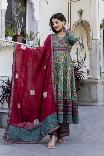 Image of Pistaa's Women's Pure Cotton Anarkali Floral Printed Kurta with Palazzo & Dupatta Set