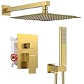 EMBATHER Brushed Gold Shower System- 10 inch Shower Faucet Sets with Rain Shower Head Hand Held Shower Head for Bathroom, Wall Mounted Square Shower Combo Set (Contain Shower Valve and Trim)