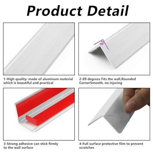 Image of 5pcs 48 inch L*1.42 inch W Aluminum Self-Adhesive Wall Corner Protectors, Wall Furniture Bumper, Safety Baby Proofing Corner Cushion Table Edge, Wide Coverage and Easy to Install - Silver