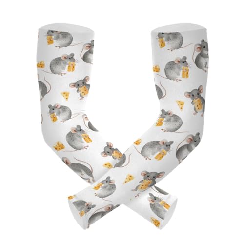 ALAZA Cute Mouse with Cheese Gardening Sleeves Cooling Arm Sleeves Sun Protection Thumb Hole Arm Covers for Women Men