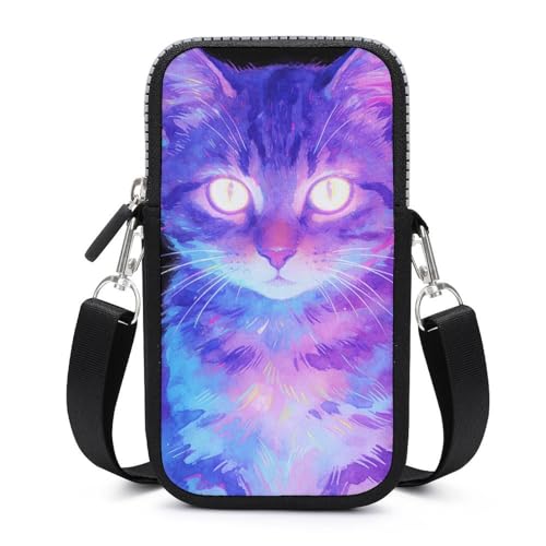 JZDACH Womens Small Crossbody Bag Phone Pouch, Soft Fabric Shoulder Bag for Passports Coin Card with Zipper and Adjustable Strap, Neon Cat Psychedelic Pet