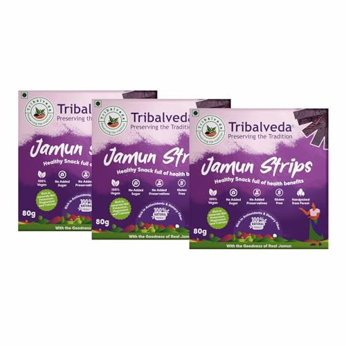 Image of Tribalveda Whole Dried Jamun Strips, Fresh Fruit Black Plum,Combo Pack of 3, Jamun Bar, Healthy Mixes Chips, Dried Fruit Rice In Dietary Fibers, Hygienically Packed, Combo Pack - 240 gm (Jambu Strips)